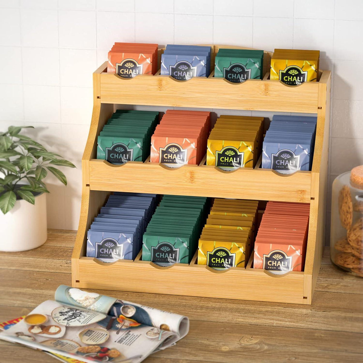Teebeutel Organizer Bambus Holzbox Aufbewahrung 12 Fächer 30,7x20x25cm
