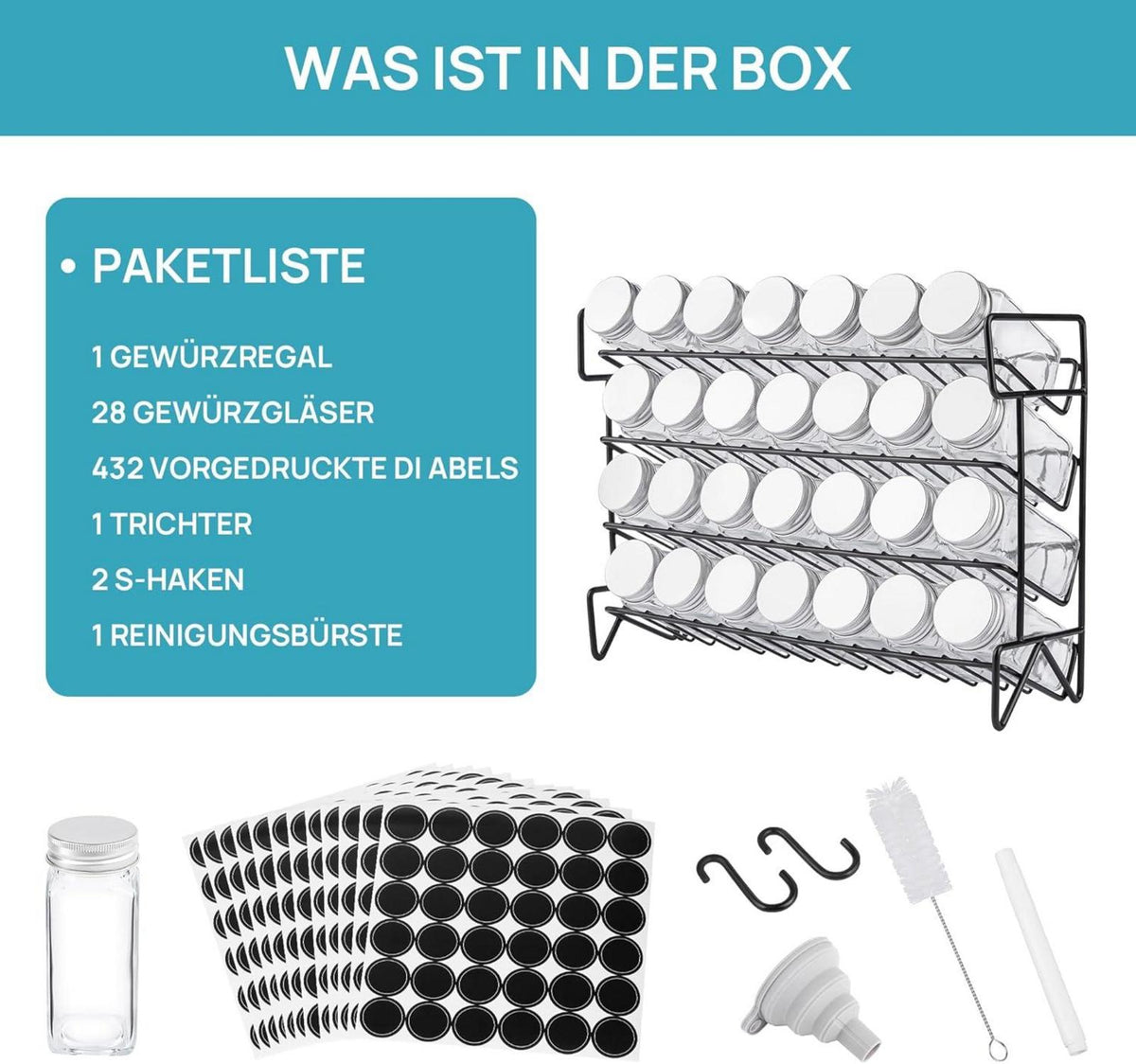 Vtopmart 4-stöckiges Gewürzregal Stehend mit 28 Gewürzgläsern und 432 Etiketten