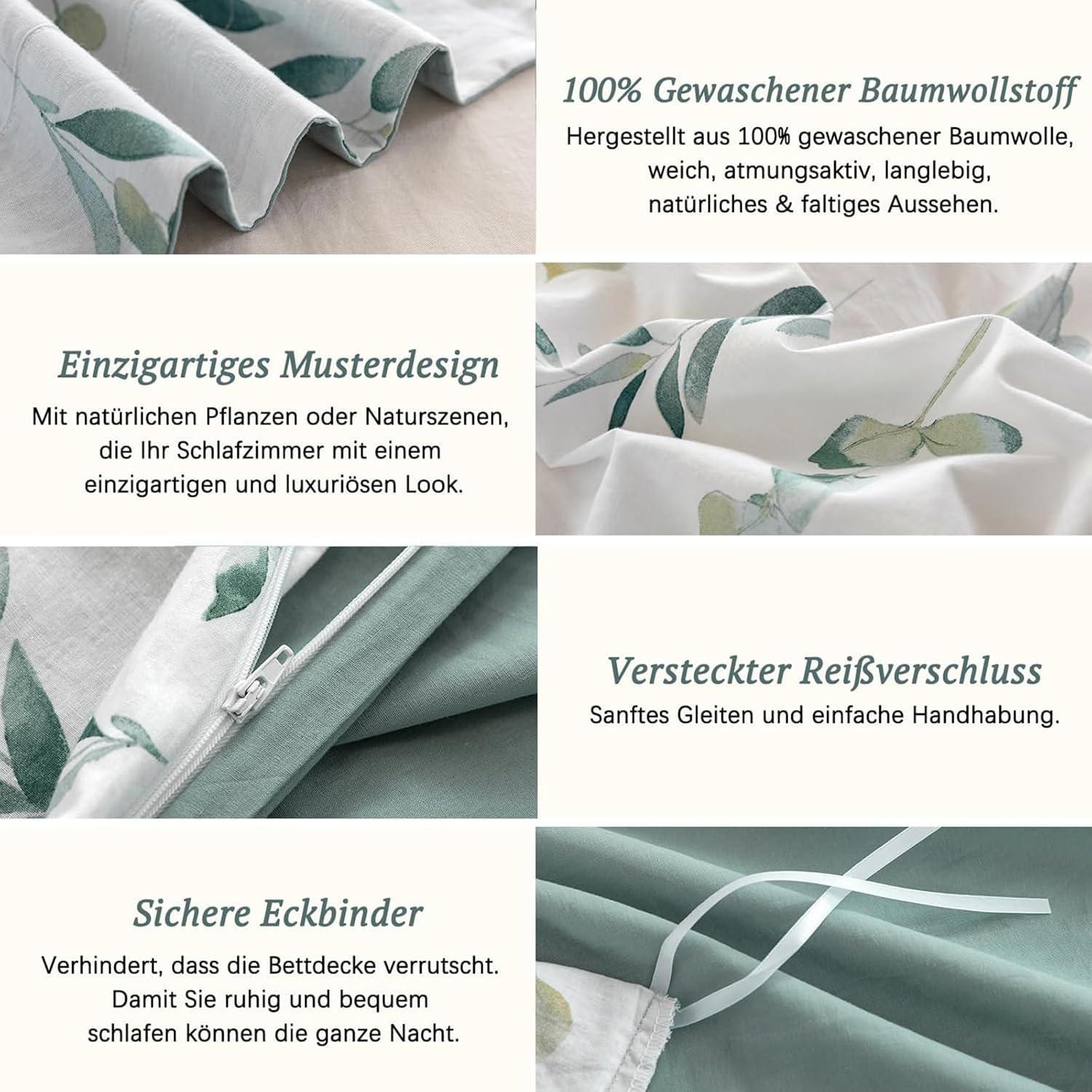 Bettwäsche 155x220 Pflanzenmuster 100% Baumwolle Leinenartiger Griff