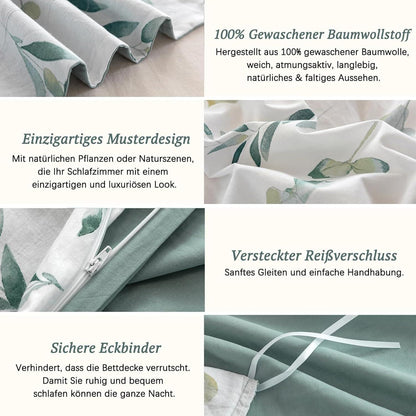 Bettwäsche 155x220 Pflanzenmuster 100% Baumwolle Leinenartiger Griff