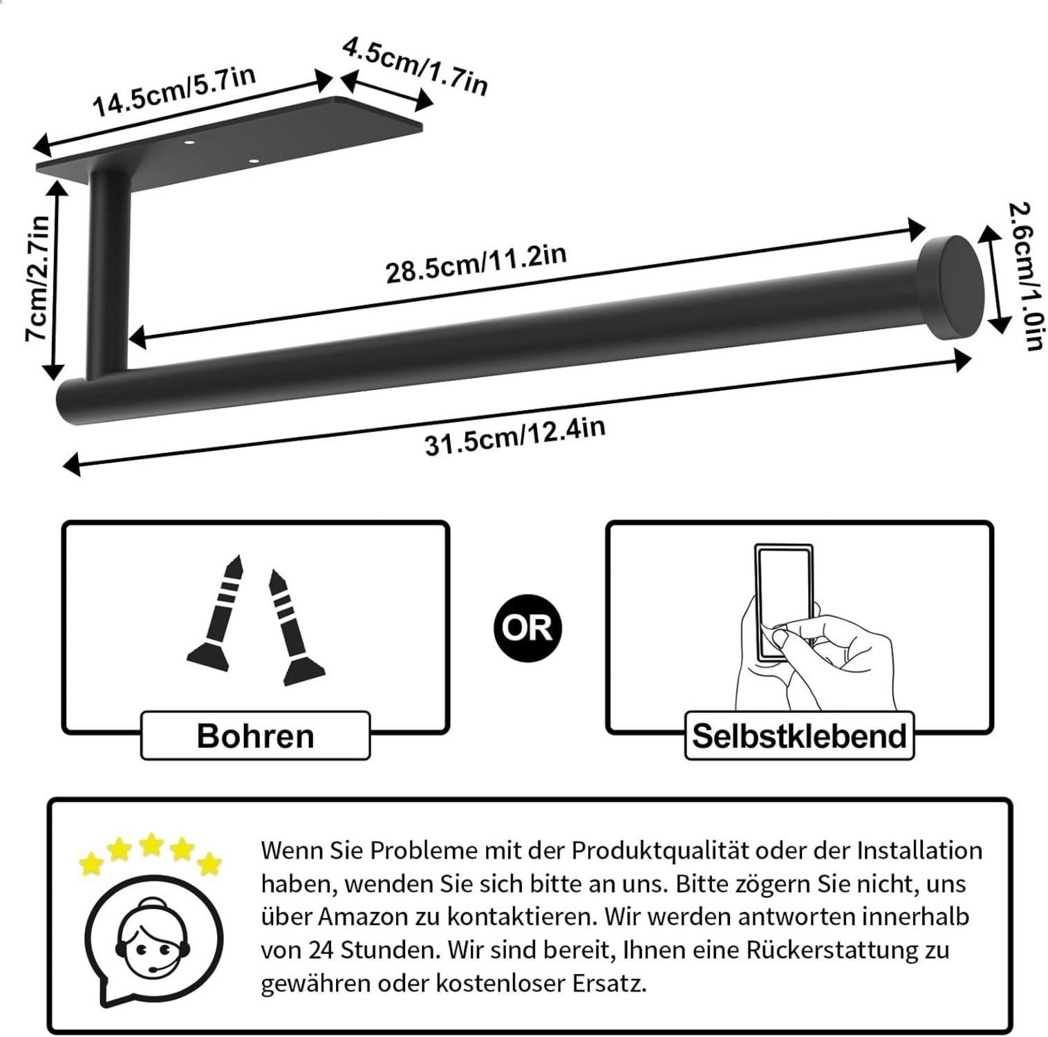 Küchenrollenhalter mattschwarz selbstklebend bohrbar Edelstahl SUS304