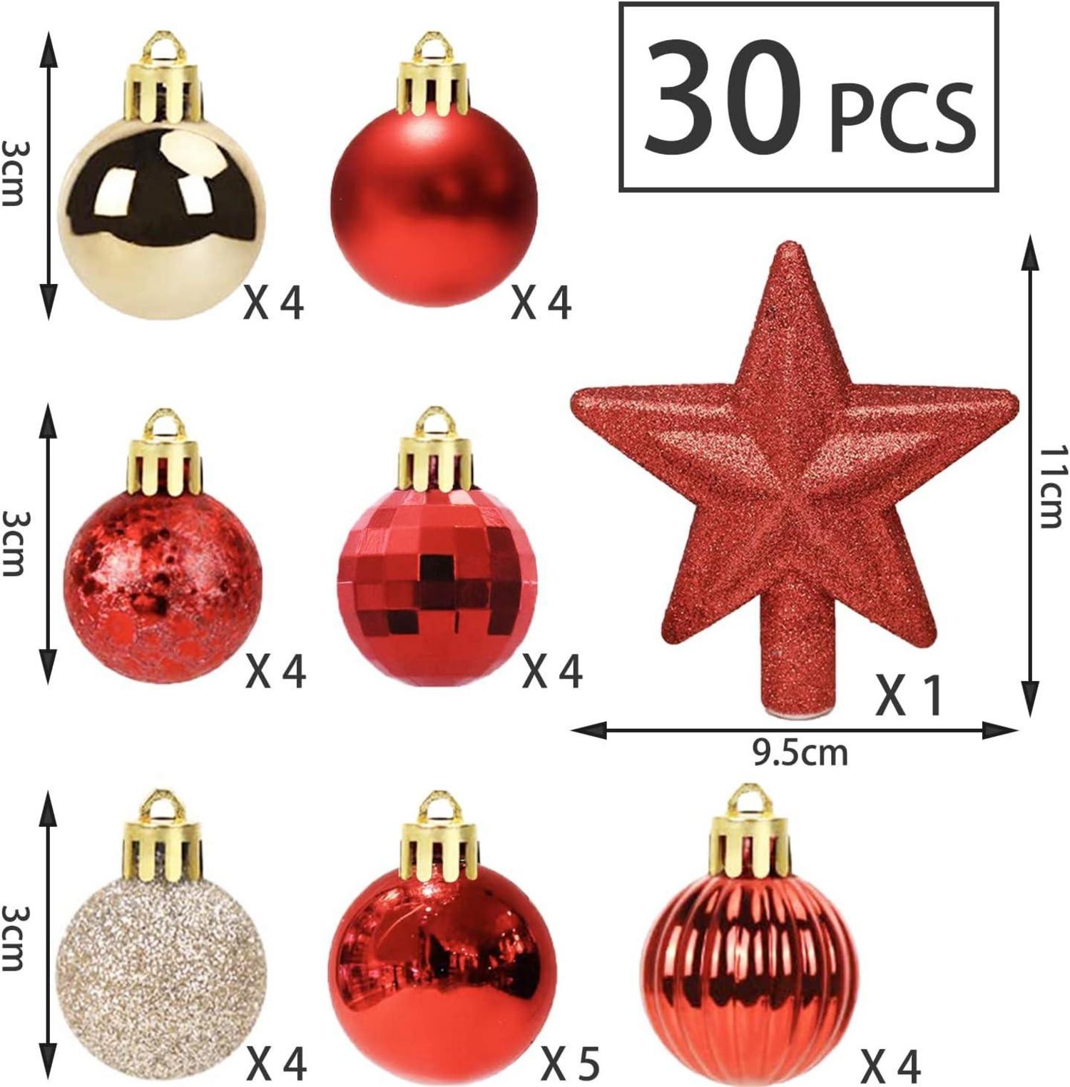 30 Mini Weihnachtskugeln 3CM Rot Gold Aufhänger Set