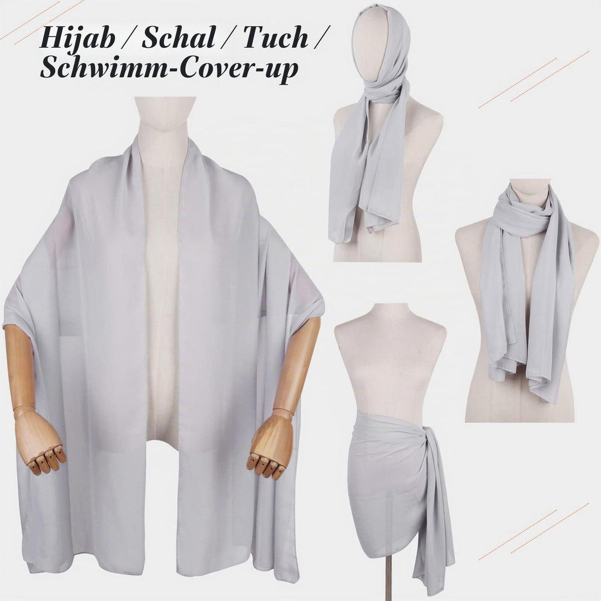 Chiffon Schal Damen leicht weich für Abendkleider Hochzeit Braut Silber Grau