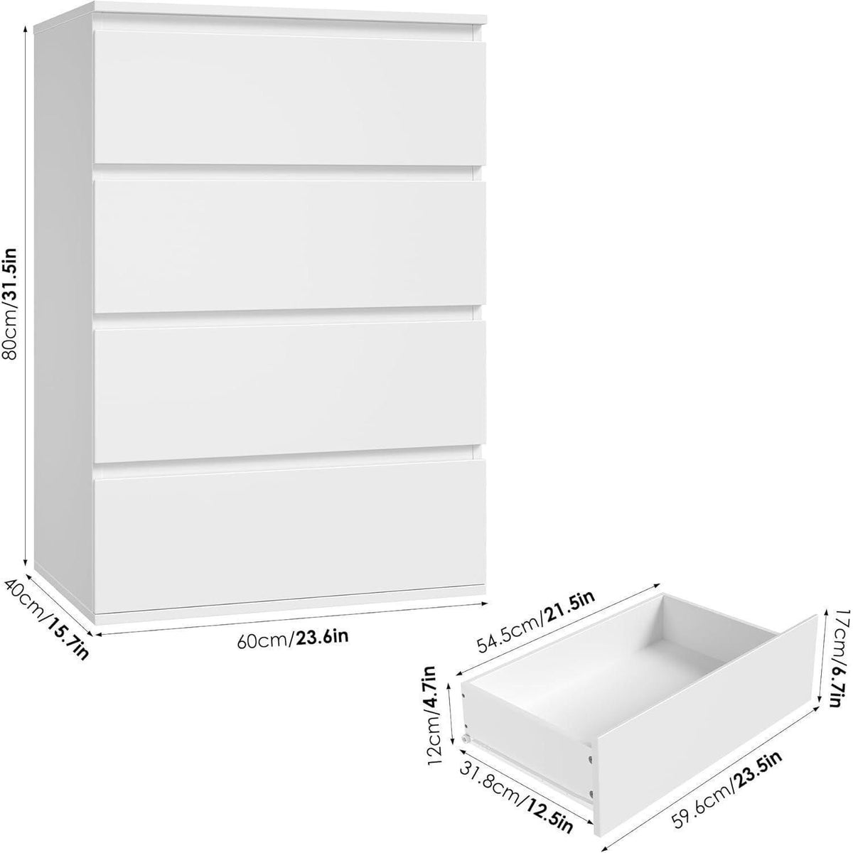 Weiße Kommode mit 4 Schubladen – 60x40x80cm, Schlafzimmer Sideboard