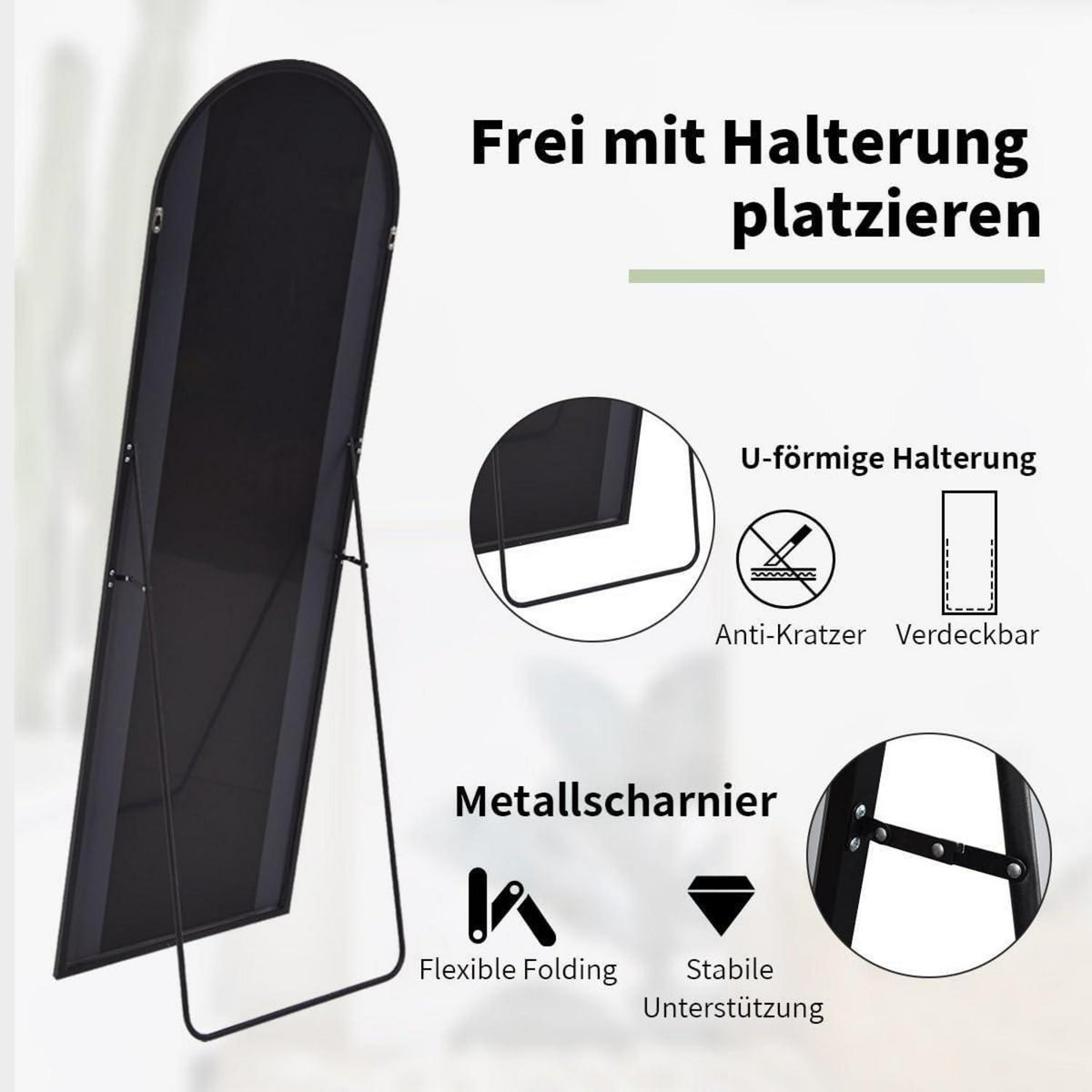 Gewölbter Standspiegel Schwarz 161cm – Vollständig & Elegant