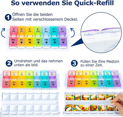 Tablettenbox 7 Tage Pillendose AM/PM Medikamentenbox 14 Fächer Scharnierdeckel Tabletten Organizer Bunt