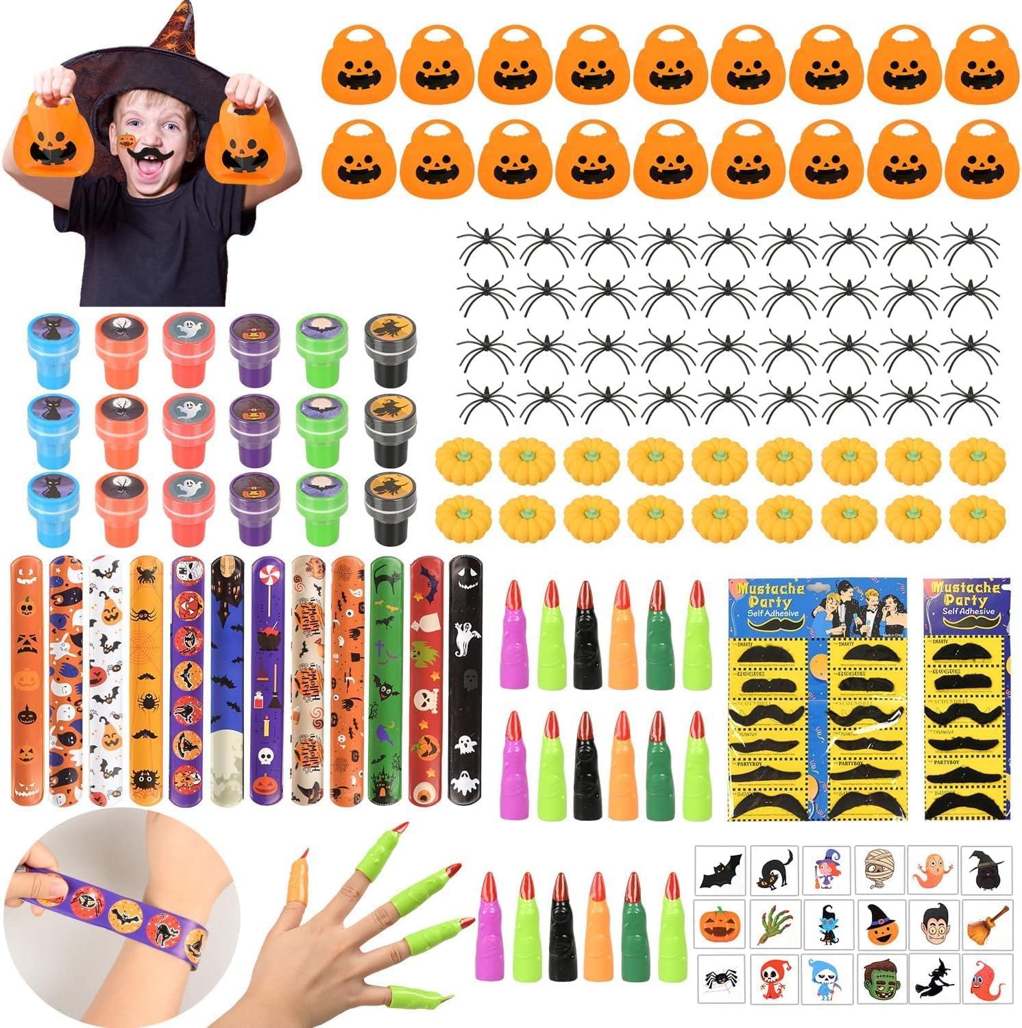 Halloween Kinder Mitgebsel Party Mitbringsel 162Stk Kürbis Design Taschen Schnurrbart Tattoo Stempel Armbänder Spinnen