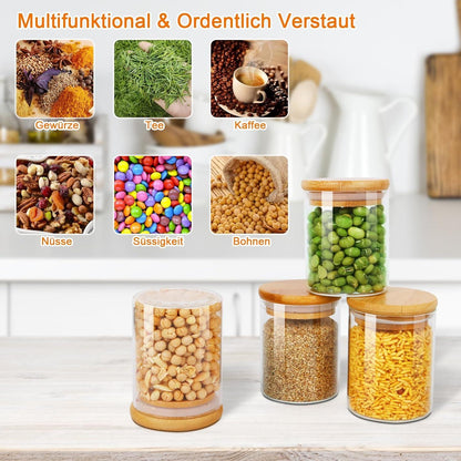 Vorratsdosen Glas 9er Set 250ml Luftdicht Bambusdeckel Etiketten