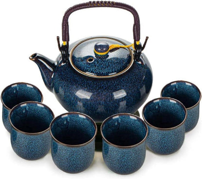 Chinesisches Teeset aus Keramik 600ml Teekanne 6 Tassen Blau