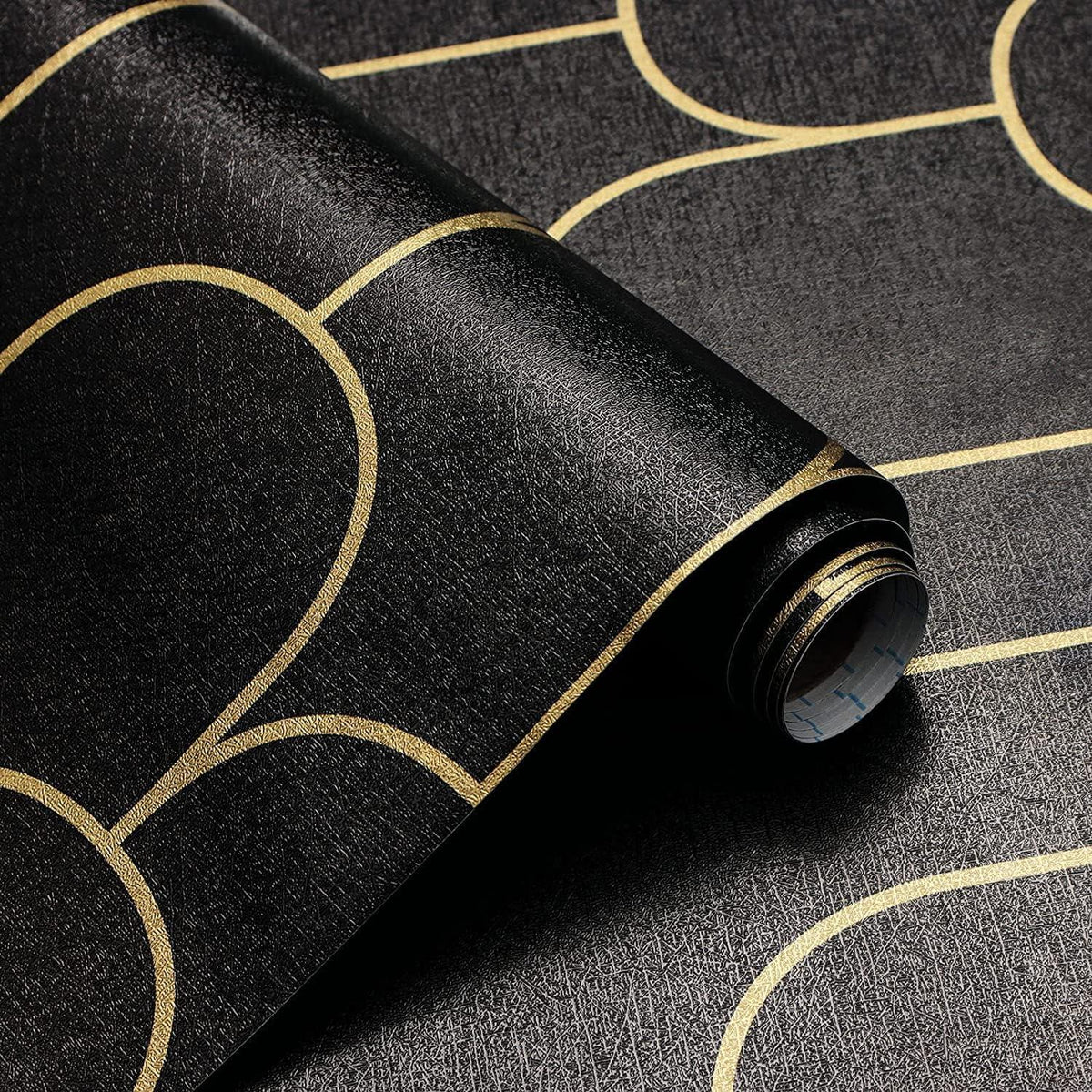 Selbstklebende Geometrische Muster Schwarz Gold Vinyl Tapete 44×300cm