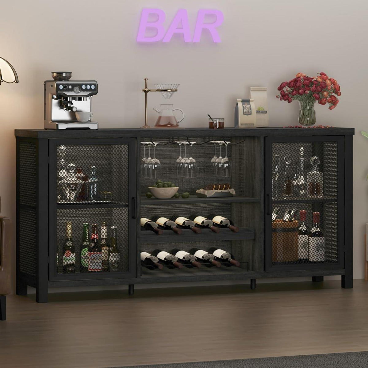 Industrieller Buffetschrank mit Stauraum & Weinregal 140cm