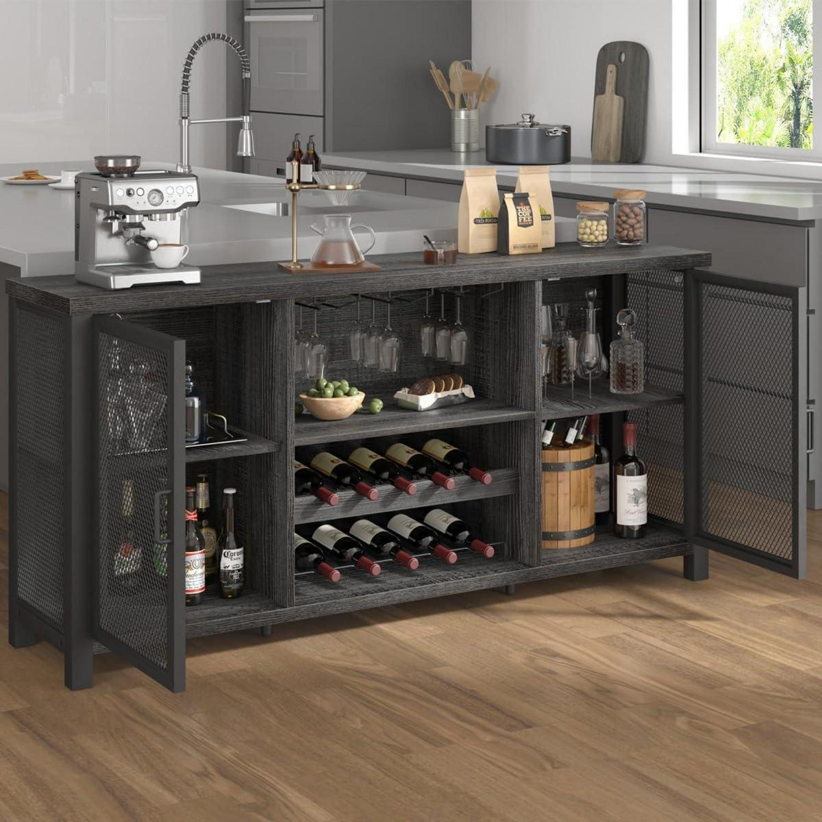 Industrieller Buffetschrank mit Stauraum & Weinregal 140cm