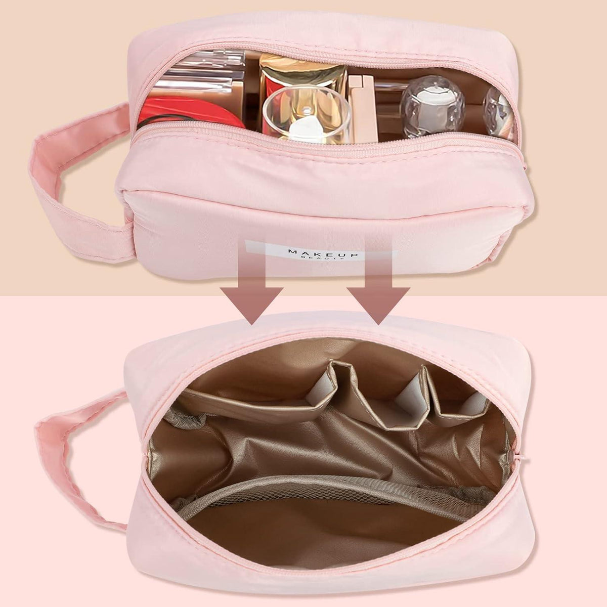 2er Set Wasserdichte Kosmetiktaschen Rosa, Tragbare Make-up-Taschen