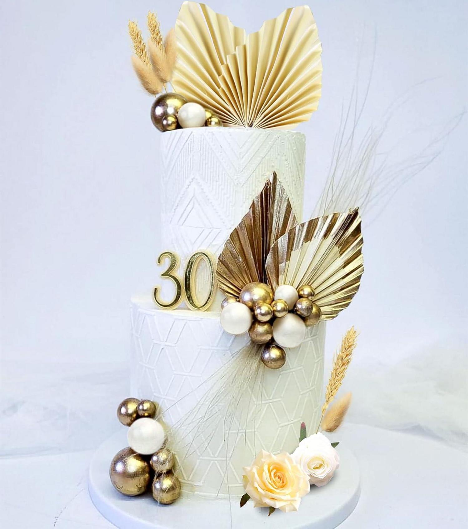 Böhmische Champagner-Rosen Tortendeko Set mit Palmblättern