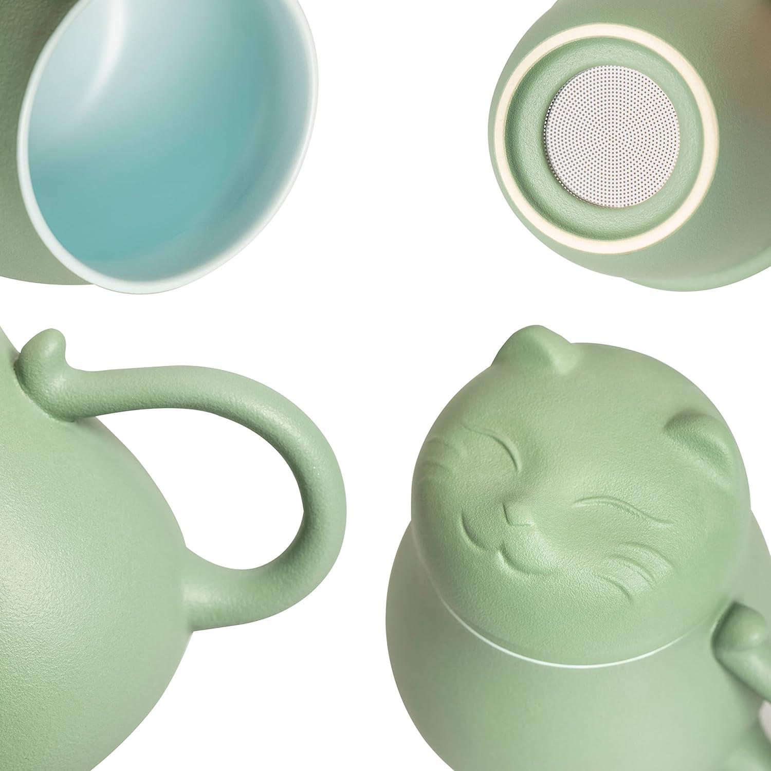 Keramik-Teetasse mit Katzen-Design und Teesieb, 383 ml, grün