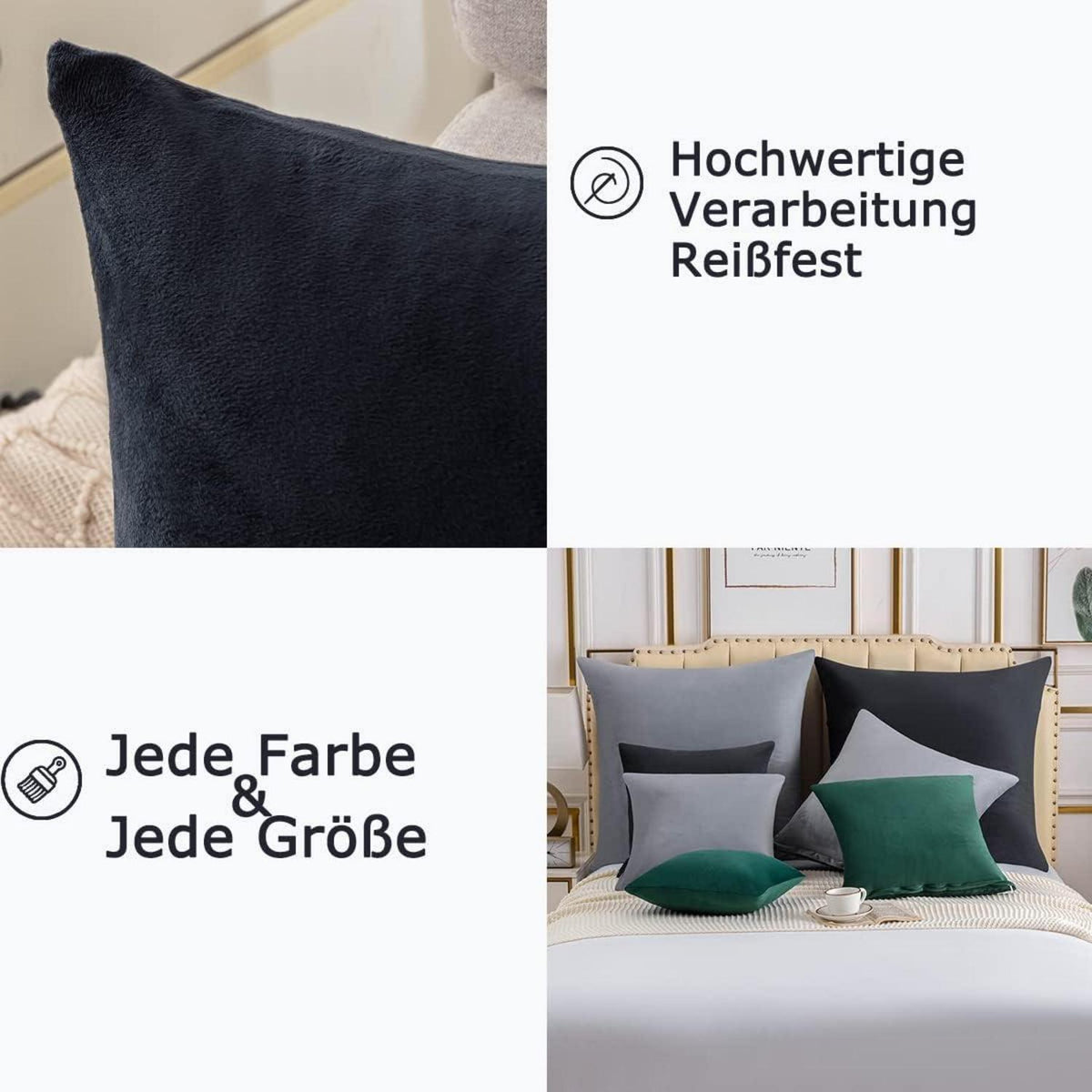 2er Set Kissenbezug 60x60 Schwarz Anthrazit Samt Flauschig & Weich