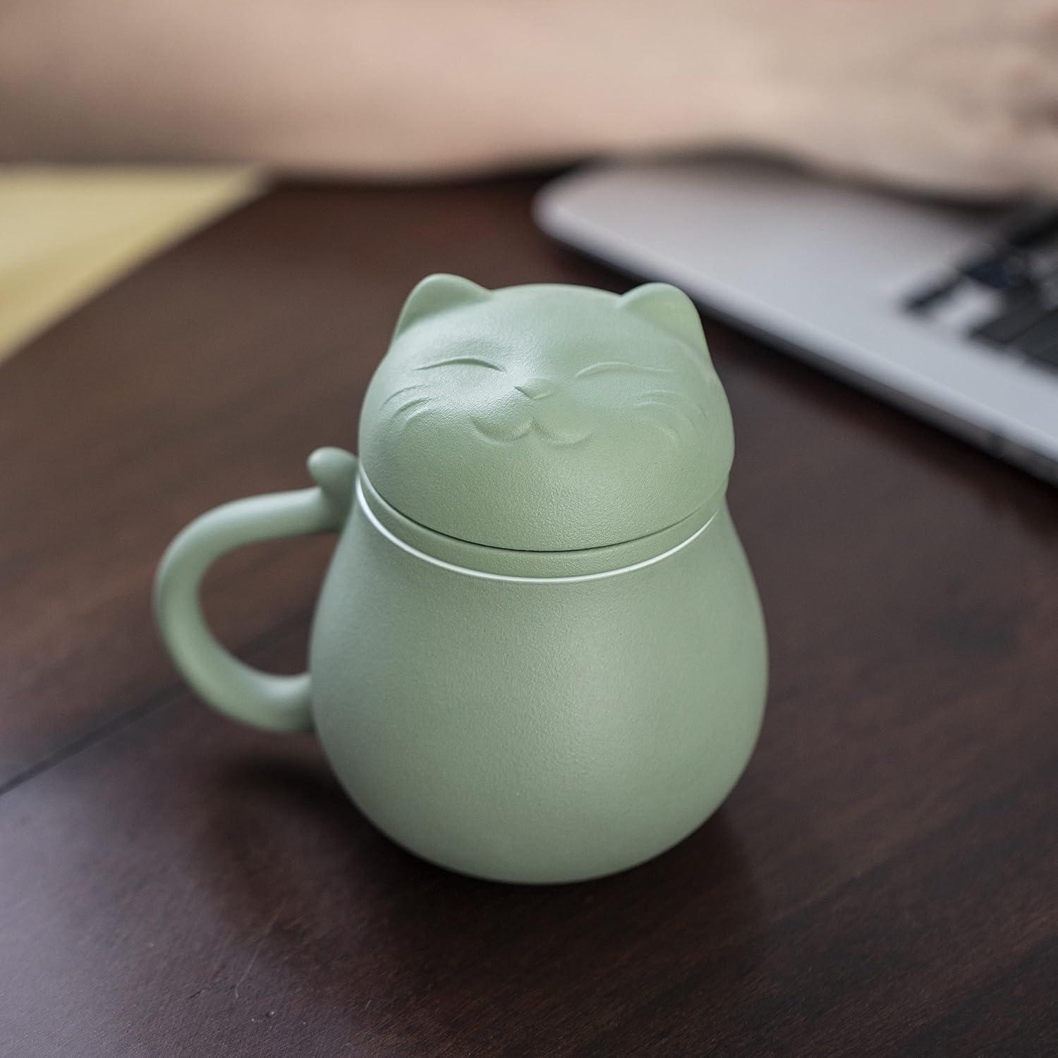 Hanbosym Keramik Teetasse mit Teesieb und Deckel 13.5oz süßes Katzen Design Grüne Teetasse