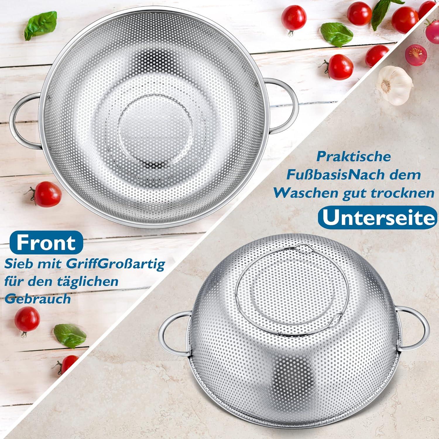Edelstahl Küchensieb 22cm mit Griff, Mikroperforiertes Nudelsieb, Abtropfsieb