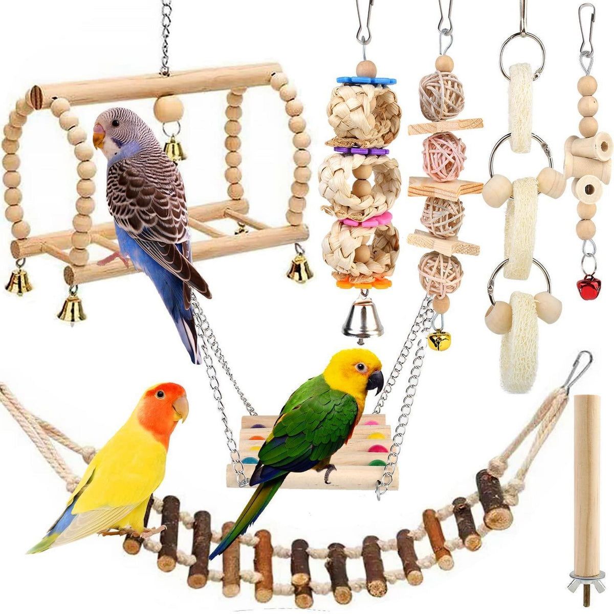 Vogelspielzeug 8er Set – Schaukel, Kauspielzeug & Glocke