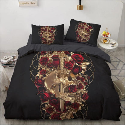 Schädel Rosen Bettwäsche Set 135x200 cm Schwarz Gold