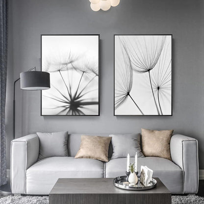 Wandbilder Set Schwarz Weiß Blume Feder Löwenzahn ohne Rahmen 50x70cm