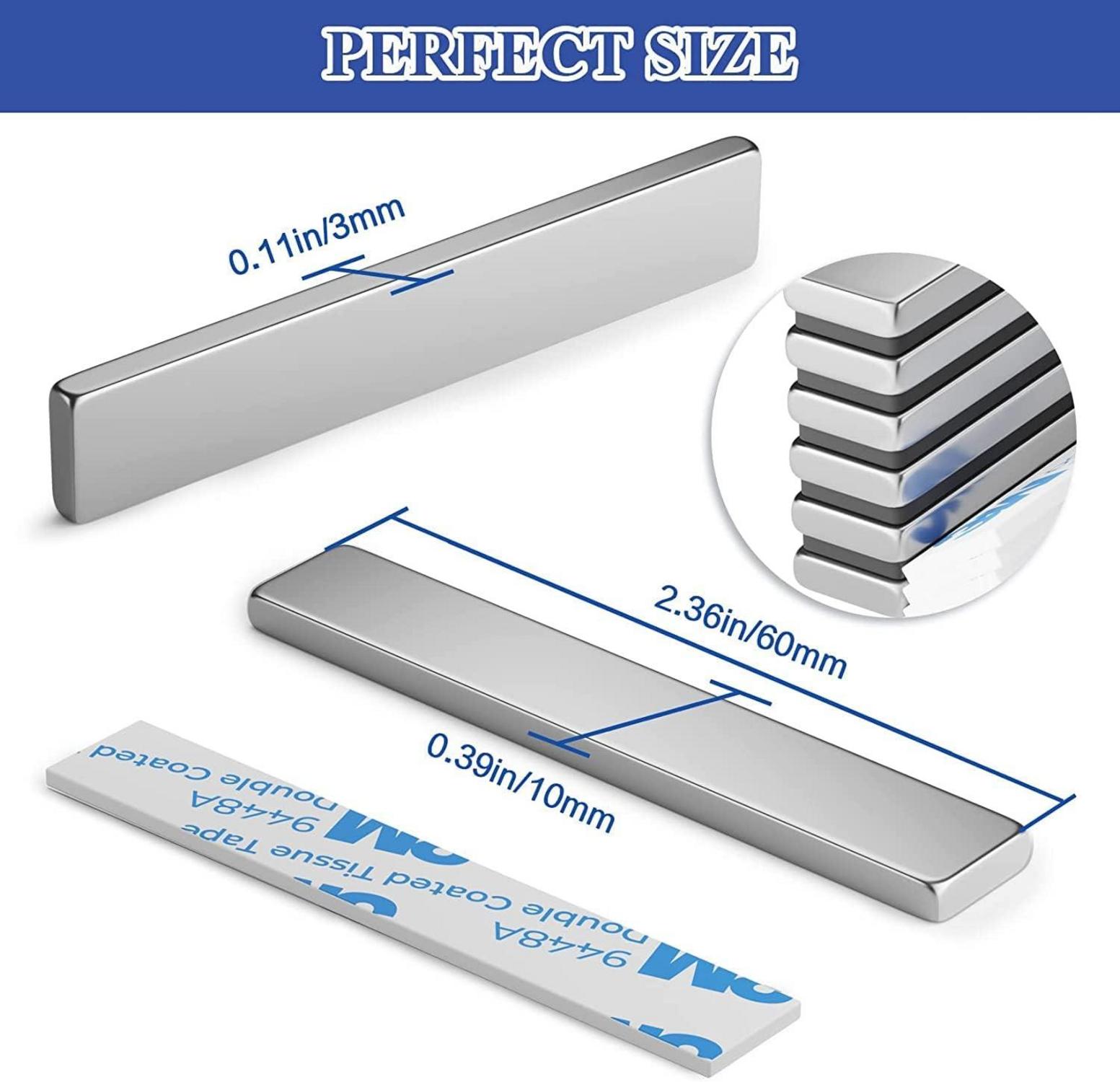 4 starke Neodym Magnete 60x10x3 mm Silber Doppelseitiger Klebstoff