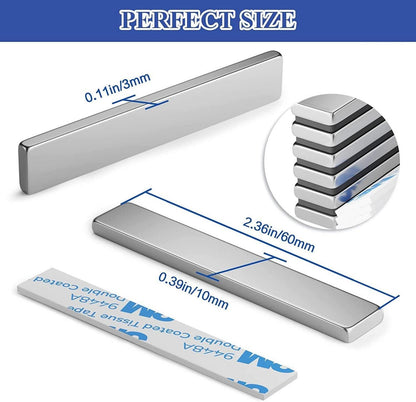 4 starke Neodym Magnete 60x10x3 mm Silber Doppelseitiger Klebstoff