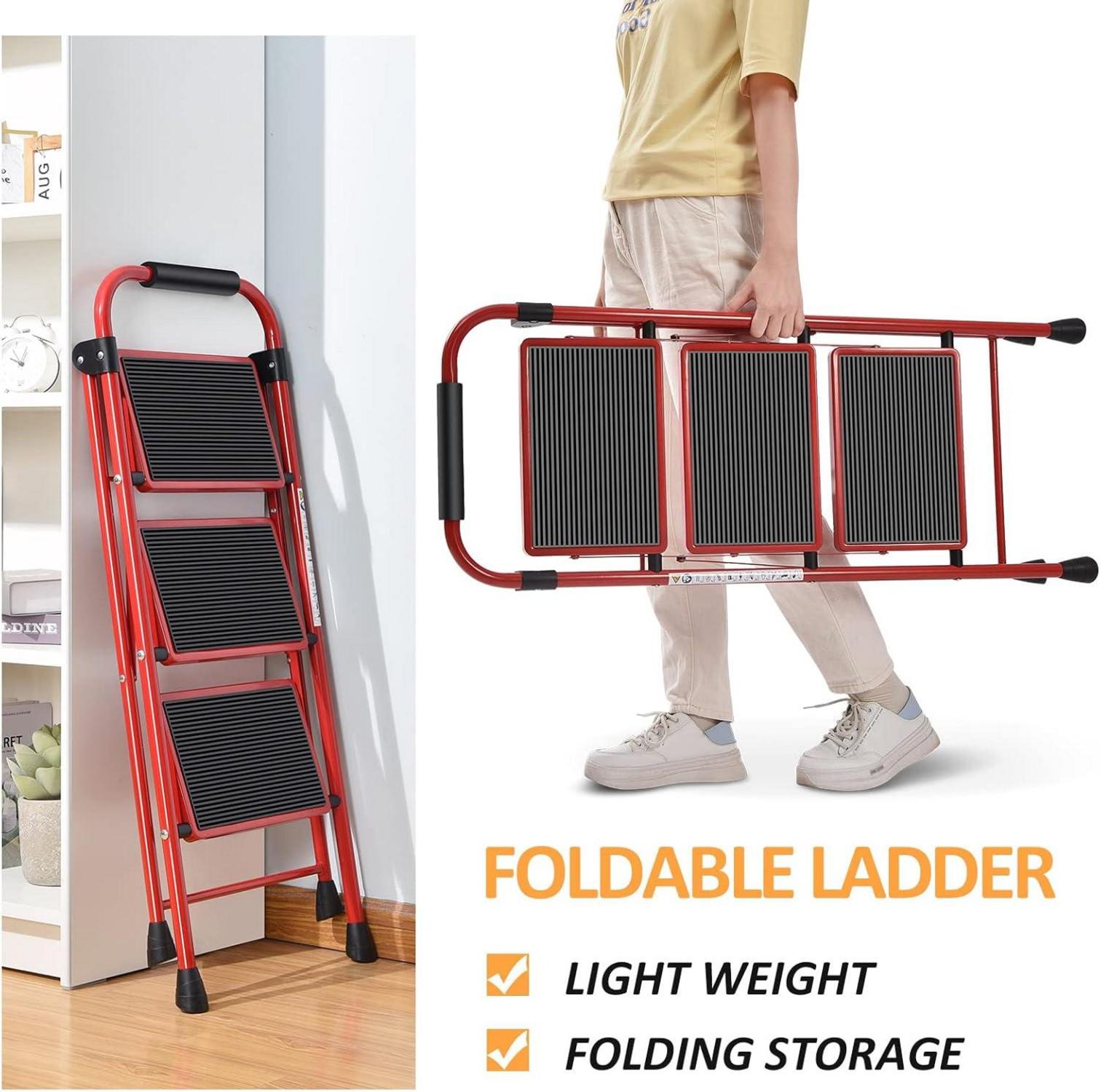 Klappleiter Tritthocker mit Handläufen und breitem Pedal, rot, für Erwachsene