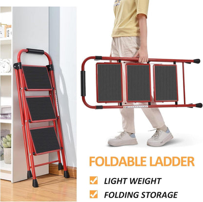 Klappleiter Tritthocker mit Handläufen und breitem Pedal, rot, für Erwachsene