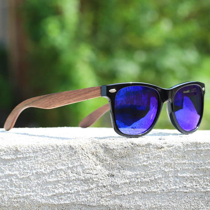 Polarisierte Sonnenbrille UV-Schutz Holzrahmen Damen Herren Blau
