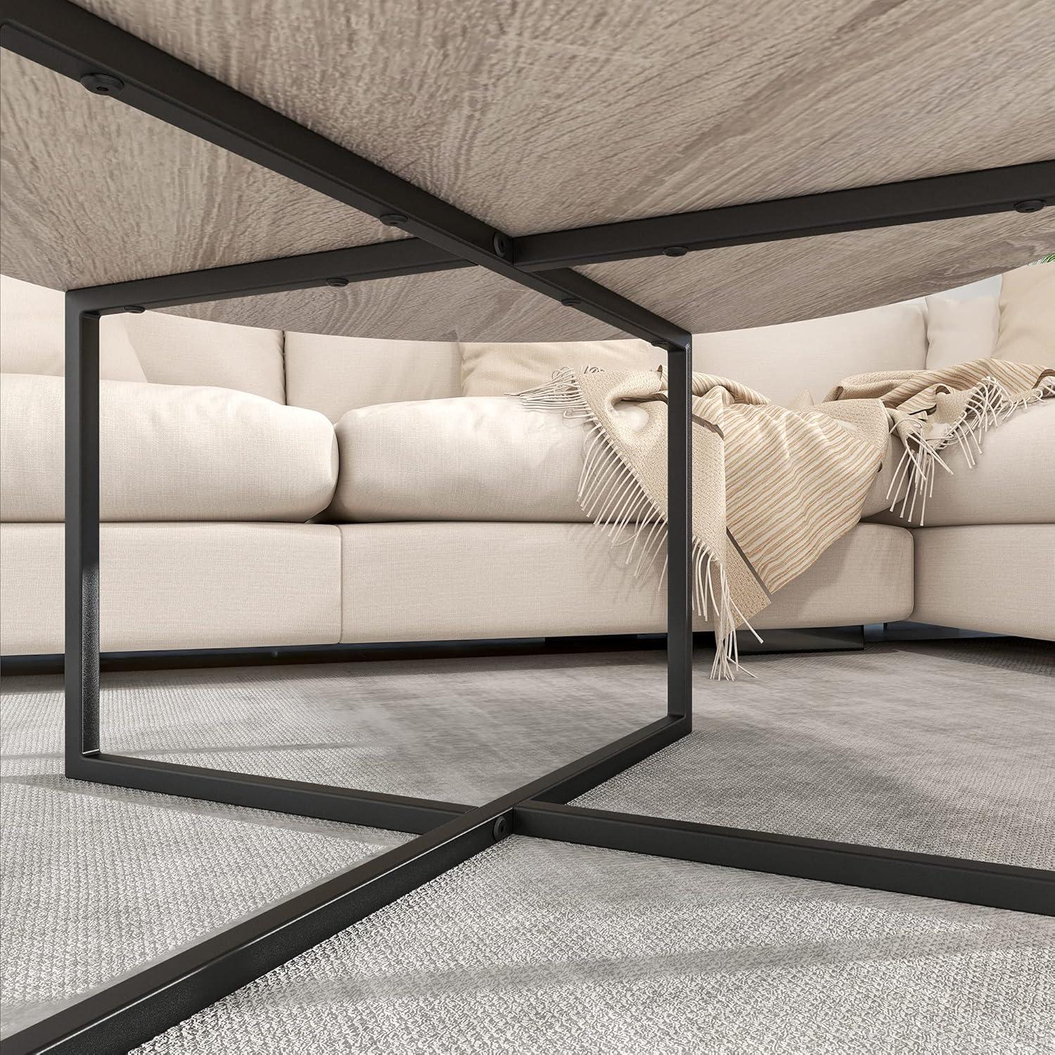 Runder Couchtisch Schwarz/Eiche Teak, Stabiles Stahlgestell, Einfacher Aufbau, Industrie-Design