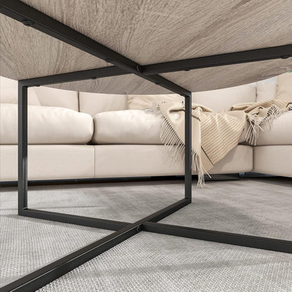 Runder Couchtisch Schwarz/Eiche Teak, Stabiles Stahlgestell, Einfacher Aufbau, Industrie-Design