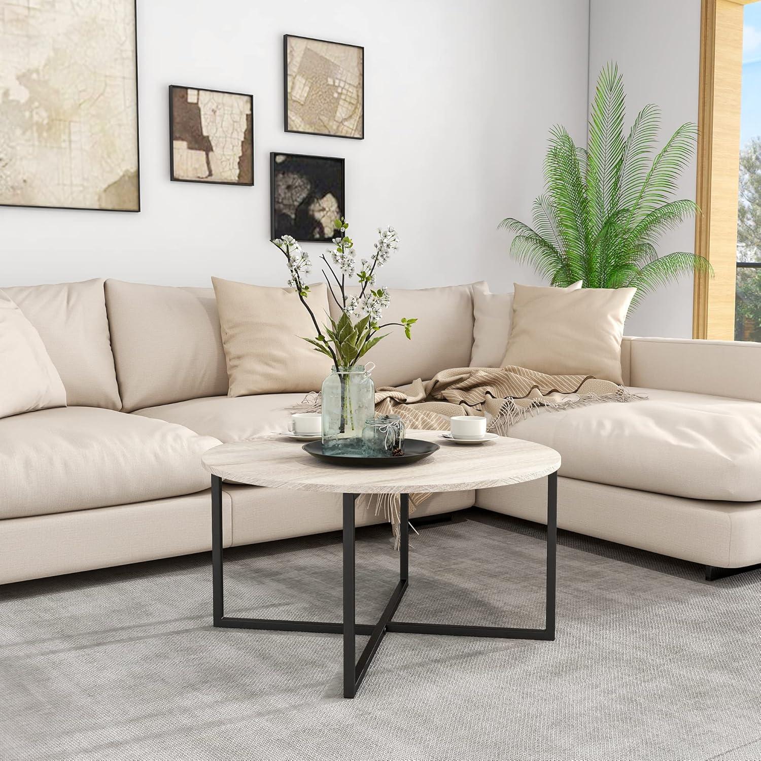 Runder Couchtisch Schwarz Eiche Teak Stahlgestell 88x44cm