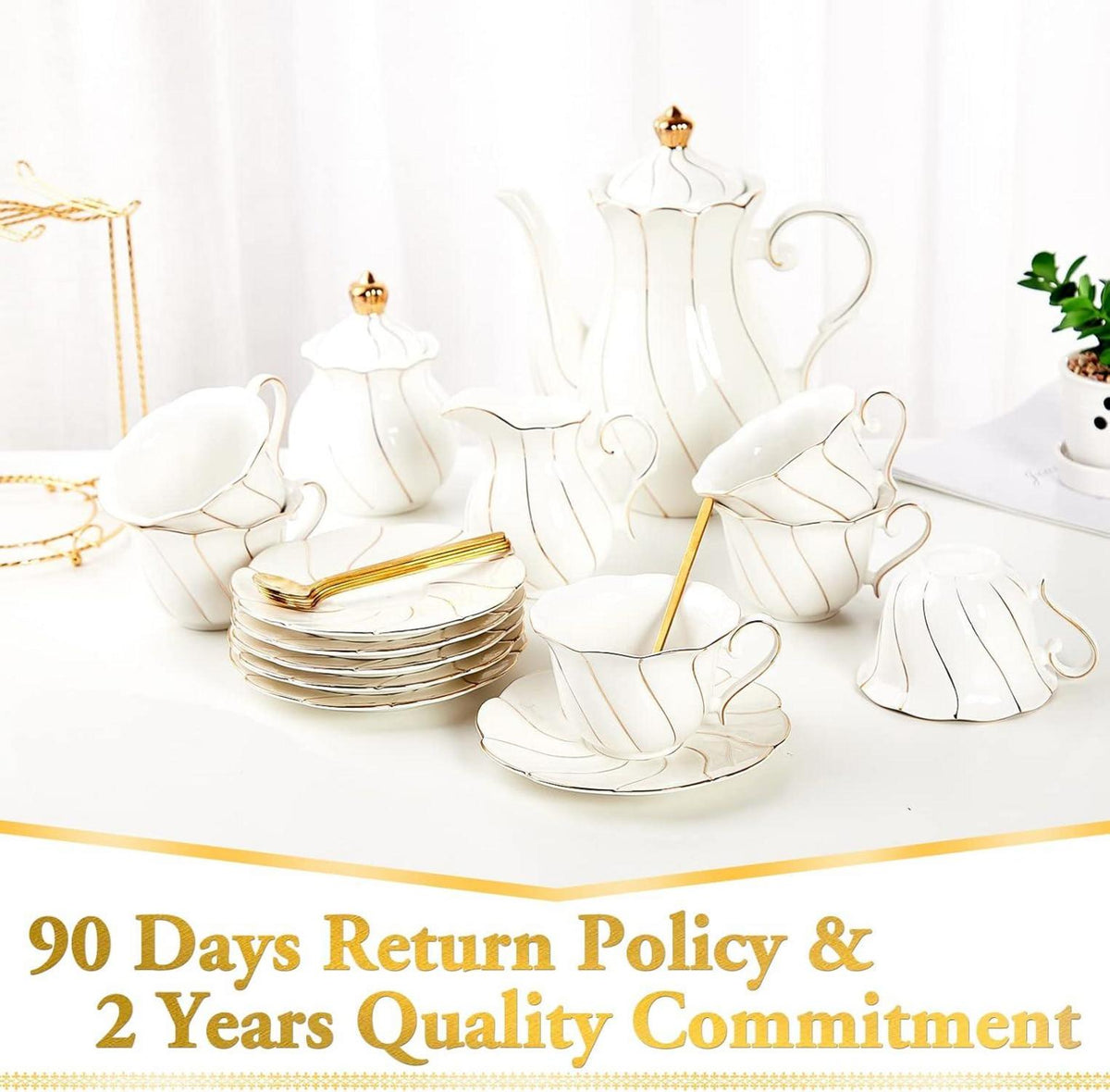 Weißes Porzellan Tee-Set für 6 Personen, britischer Stil, mit goldenem Rand