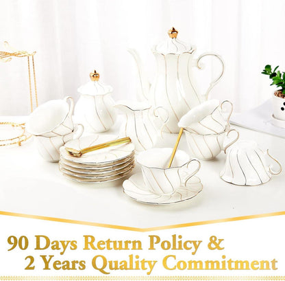 Weißes Porzellan Tee-Set für 6 Personen, britischer Stil, mit goldenem Rand
