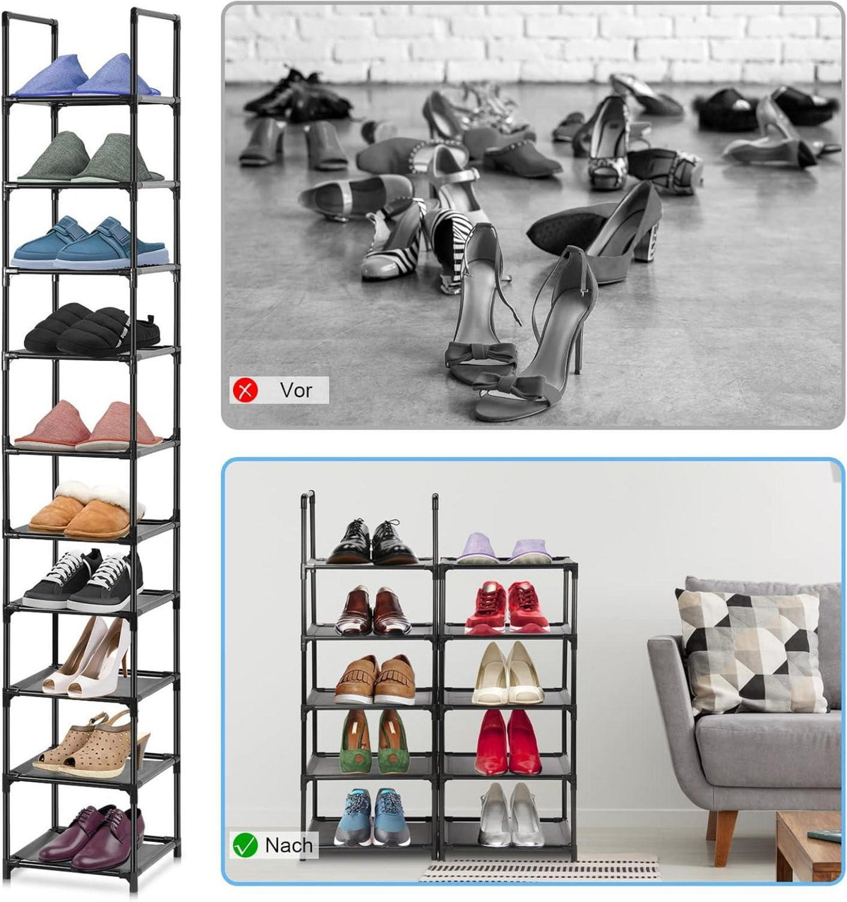 Wylnsie Vertikales Schuhregal stapelbarer Organizer 10 Ebenen Vliesstoff Metall