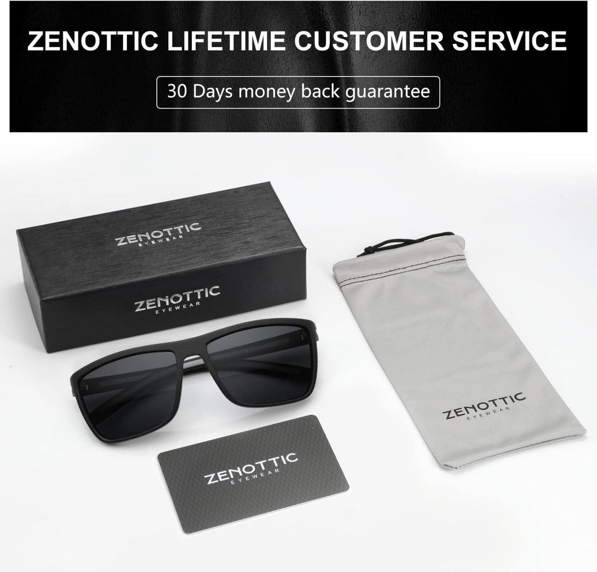 ZENOTTIC Polarisierte Herren Sonnenbrille TR90 Rahmen UV400 Quadrat Schwarz