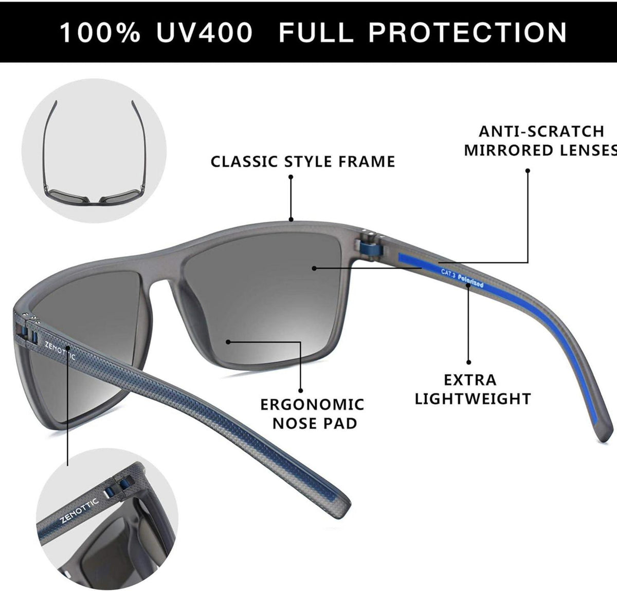 Polarisierte Herren Sonnenbrille TR90 Rahmen UV400 Schutz Grau Silber