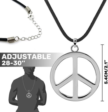 70er Hippie Kostüm Set 5-teilig T-Shirt Perücke Brille Peace Halskette