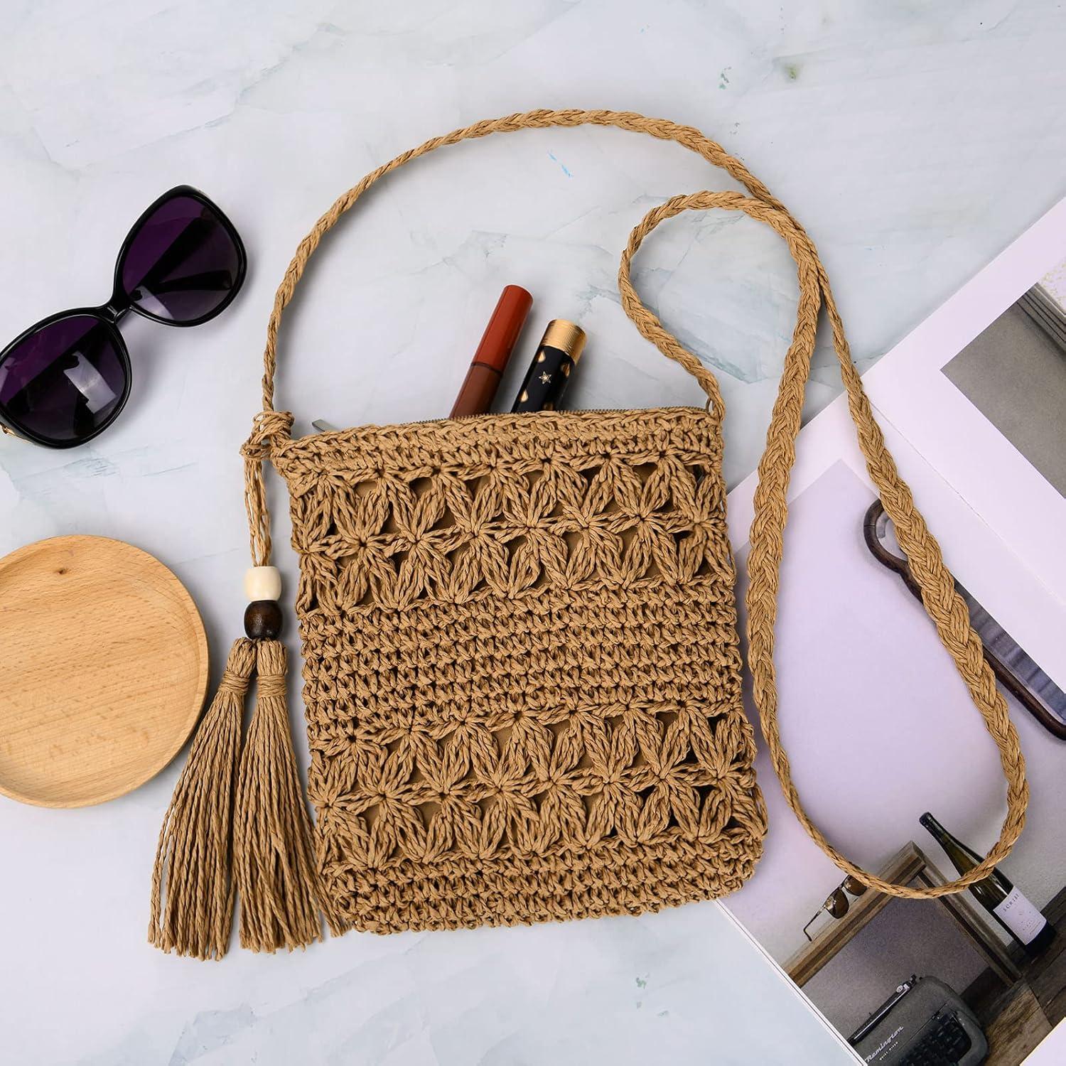 Strohtasche Damen Stroh Umhängetasche Vintage Strandtasche mit Quaste und