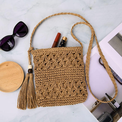 Strohtasche Damen Stroh Umhängetasche Vintage Strandtasche mit Quaste und