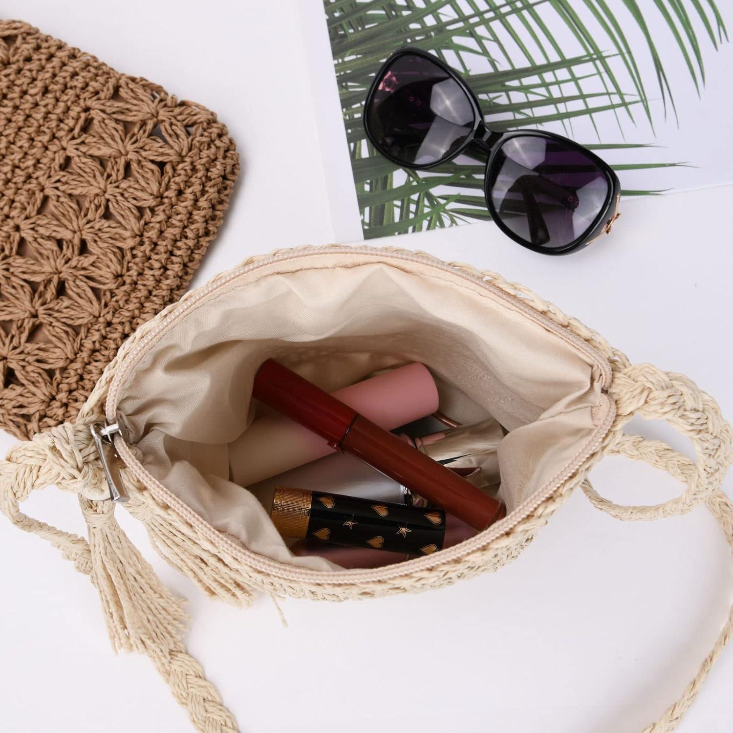 Strohtasche Damen Stroh Umhängetasche Vintage Strand Quaste Handtasche