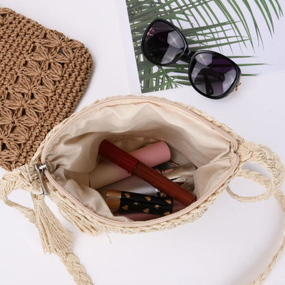 Strohtasche Damen Stroh Umhängetasche Vintage Strand Quaste Handtasche