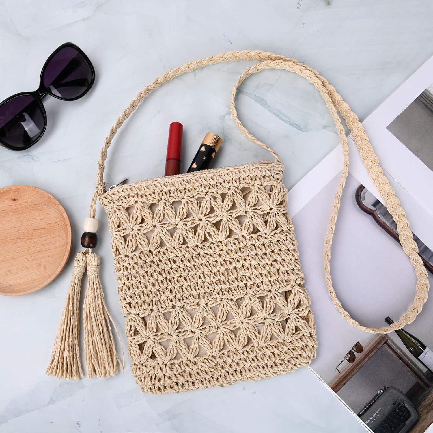 Strohtasche Damen Vintage Umhängetasche Quaste Strand Handtasche