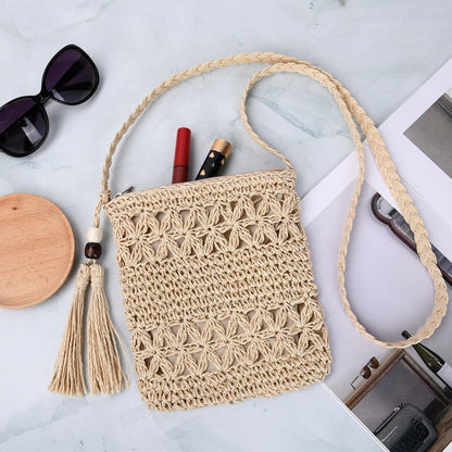 Strohtasche Damen Vintage Umhängetasche Quaste Strand Handtasche