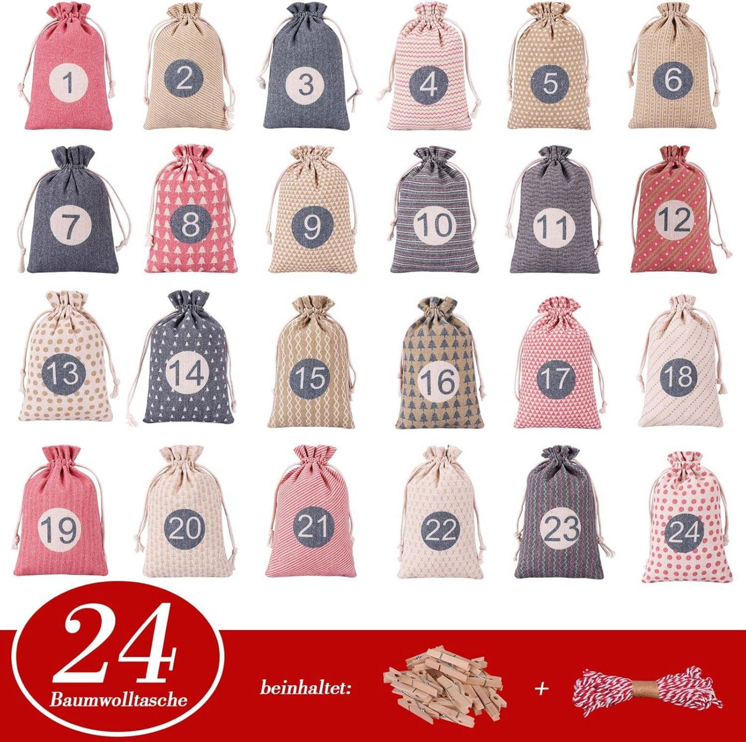 Adventskalender zum Selber Befüllen, 24 Stoffsäckchen