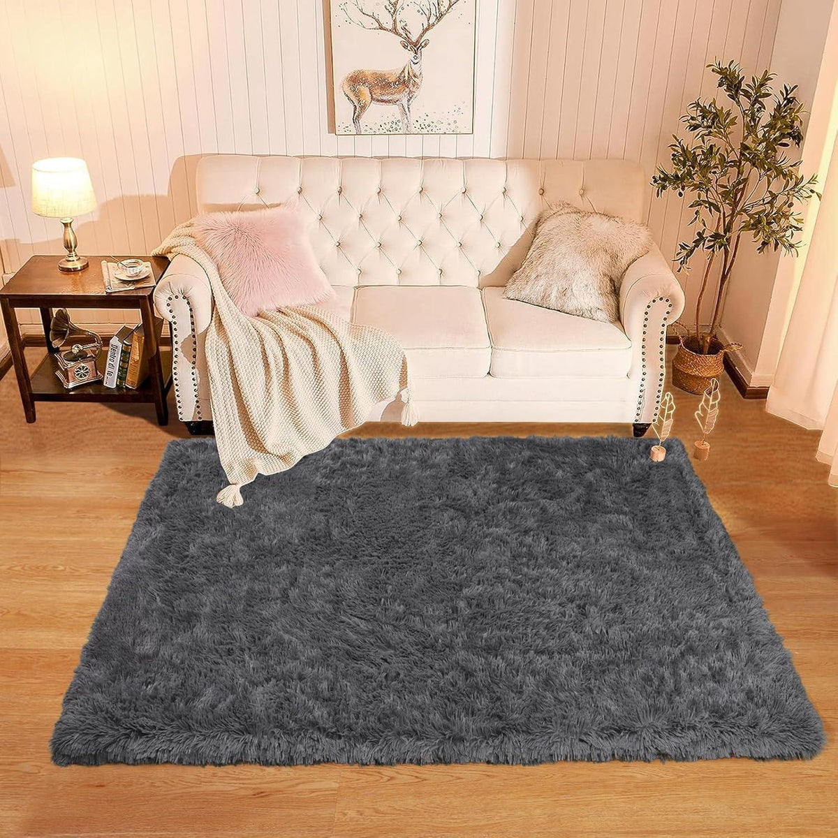 Weicher Shaggy Teppich 120x160cm Waschbar Hochflor Luxus Samt Wohnzimmer Schlafzimmer Sofa Grau