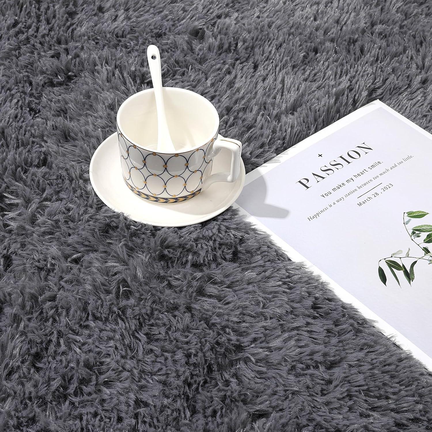 Weicher Hochflor Teppich 120cm Grau - Rund Wohnzimmer Schlafzimmer Rug Fluffy Plüsch Shaggy Teppich rutschfest waschbar