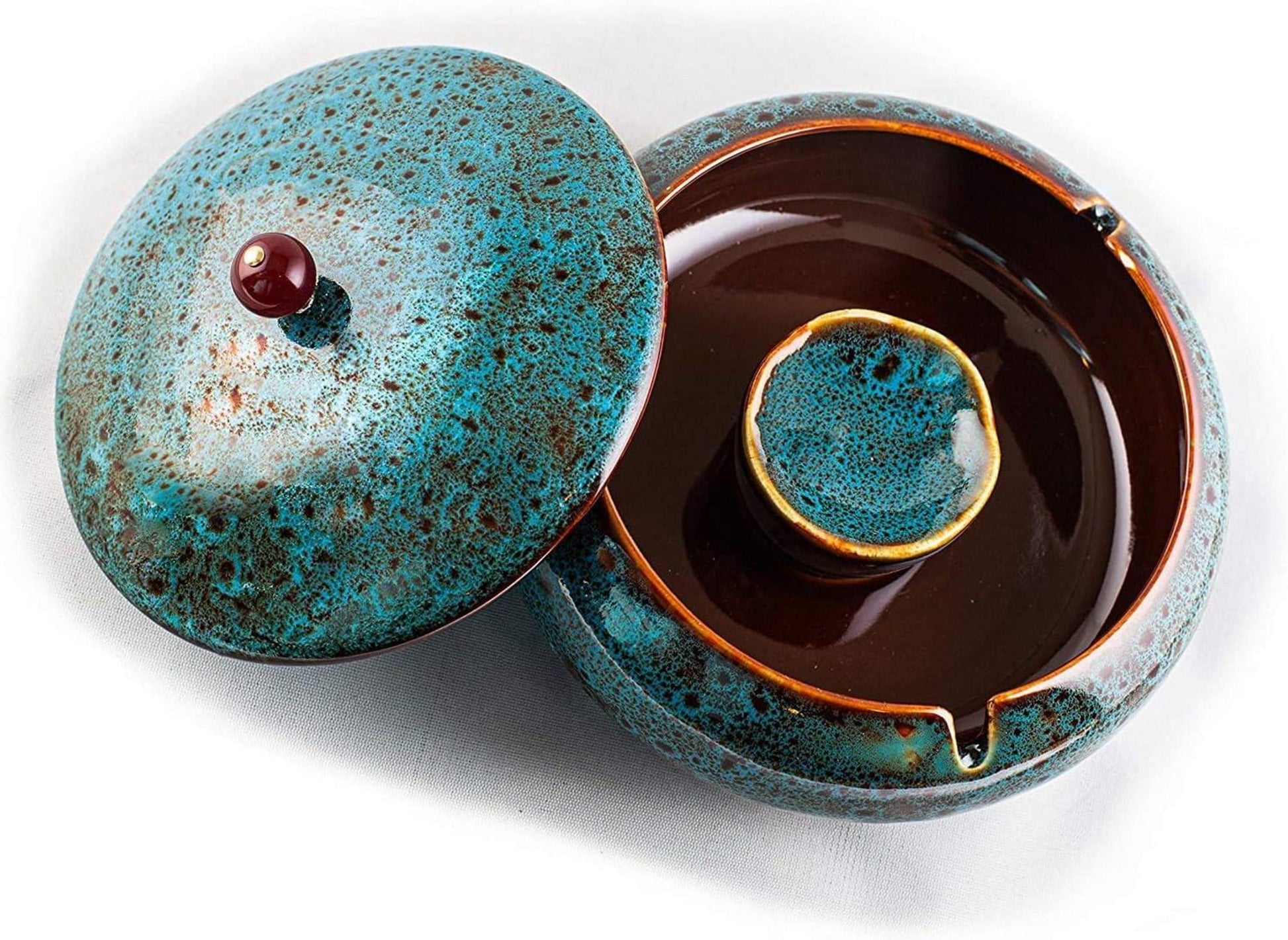 Winddichter Keramik-Aschenbecher mit Deckel 14,5cm Blau