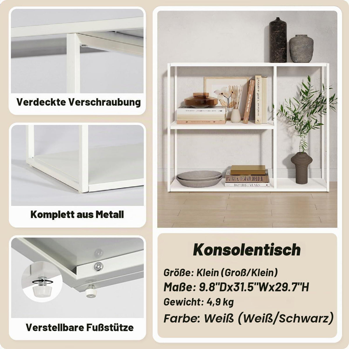Moderner Konsolentisch mit 3 Ablagen – Weiß 100x30x80cm